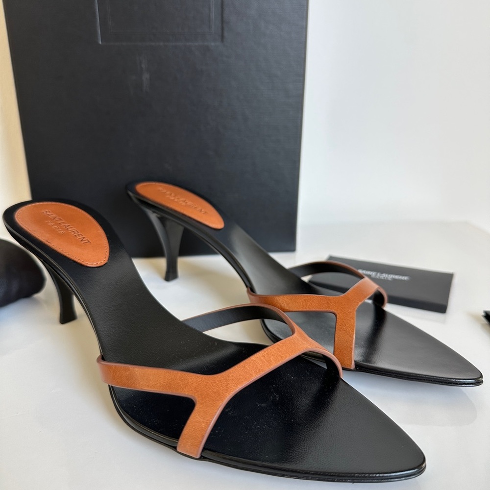 Saint Laurent Carla Black Leather Mules with Tan Straps